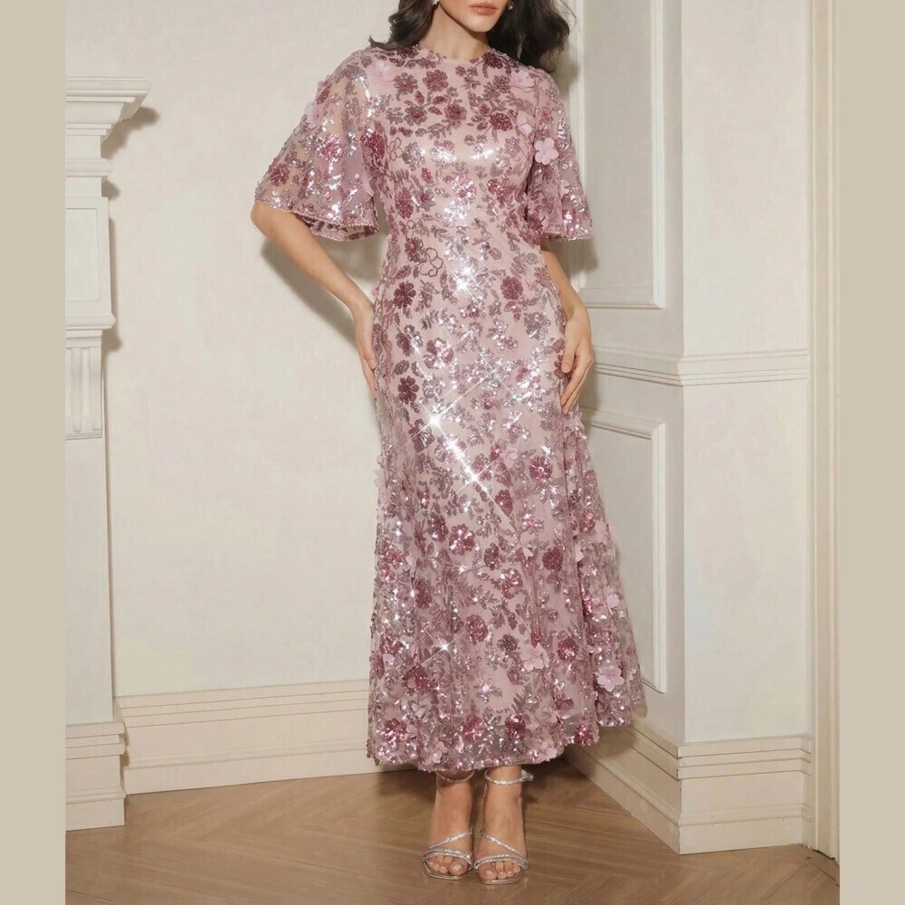 Pink Sequin Floral Embroidered Flutter Sleeve Maxi Cocktail Dress